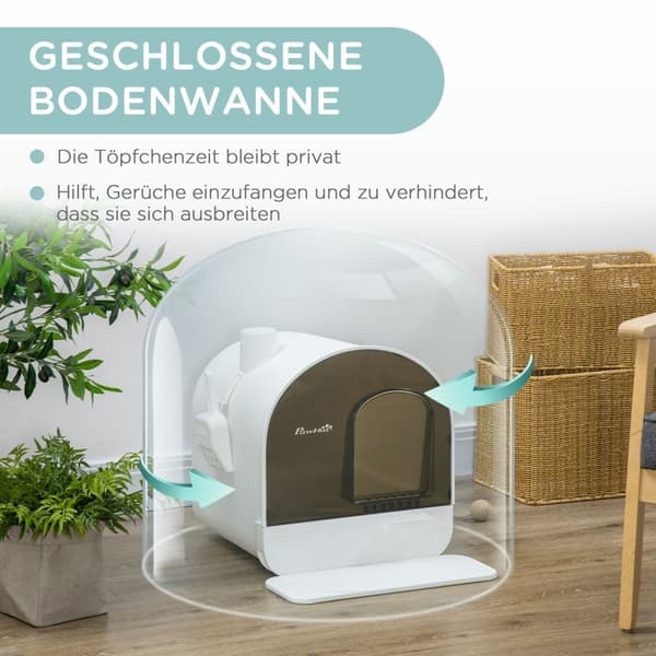Kattesandboks Med Hette Toalett For Katter Opp Til 5 Kg, Med Lokk, Kattesandmatte, Plast, Hvit, 43X44X47Cm