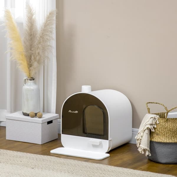 Kattesandboks Med Hette Toalett For Katter Opp Til 5 Kg, Med Lokk, Kattesandmatte, Plast, Hvit, 43X44X47Cm