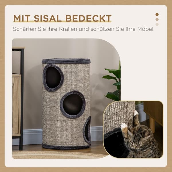 Kradsetønde Spil Og Kradsetønde Til Katte Med 3 Huler, Lavet Af Sisal & Plys, Grå, Ø38X70Cm