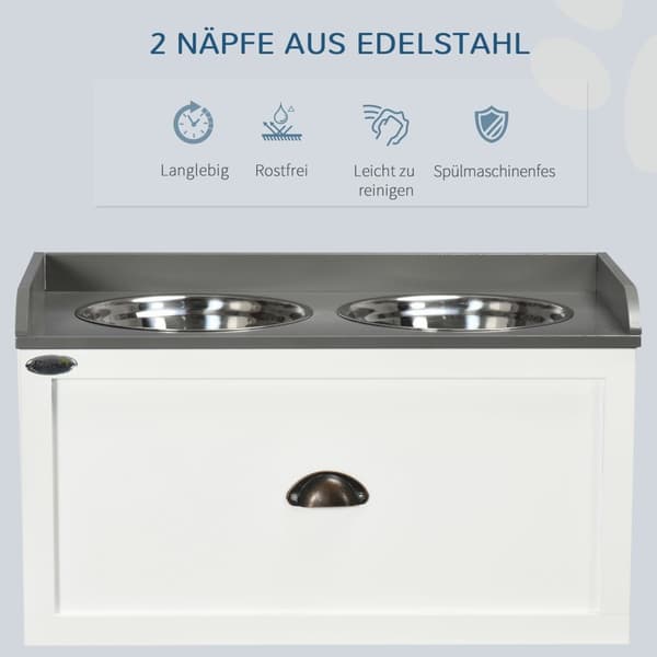 Hundeskål Med Skuffe 2X2L Forhøjet Rustfrit Stål Foderstation Til Katte/Hunde, Hvid