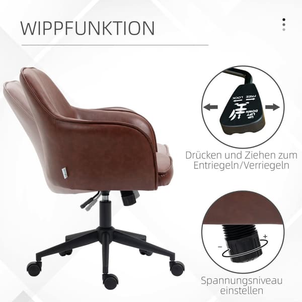 Kontorstol Skrivebordsstol Med Vippefunktion, Hjul, Imiteret Læderlook, 93-101 Cm Højdejusterbar, Op Til 120 Kg, Brun