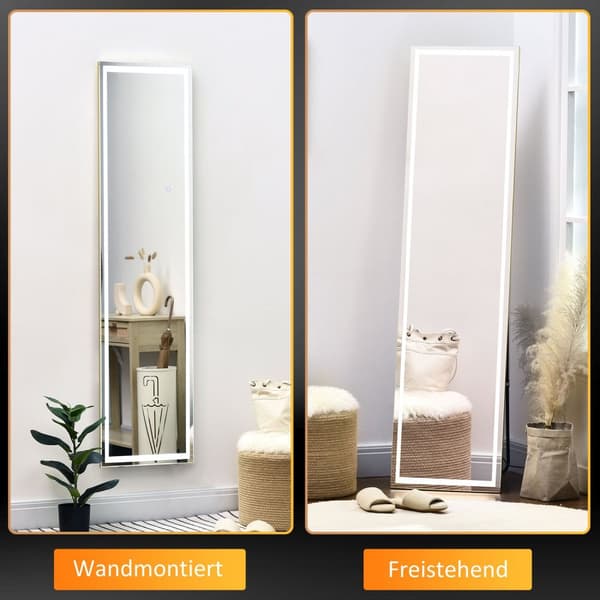 Väggspegel Med Led 2 I 1 Stående Spegel, Hellängdsspegel, Aluminiumram, För Sovrum, Belysning, Silver+Guld