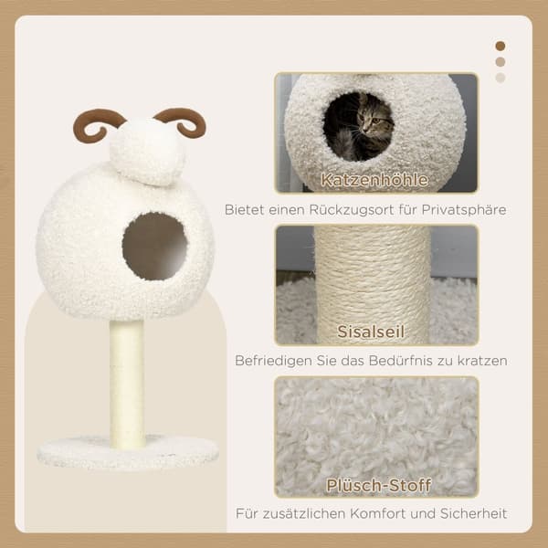 Kradsestolpe, Kattetræ Med Kattehule, Kattekradsestolpe I Gededesign, Klatretræ Med Sisal Tovstolper, Kattemøbler, Cremehvid, 80 Cm