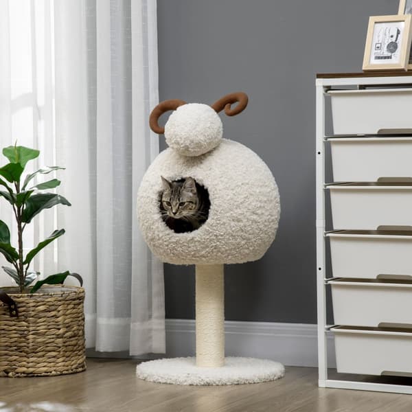 Kradsestolpe, Kattetræ Med Kattehule, Kattekradsestolpe I Gededesign, Klatretræ Med Sisal Tovstolper, Kattemøbler, Cremehvid, 80 Cm