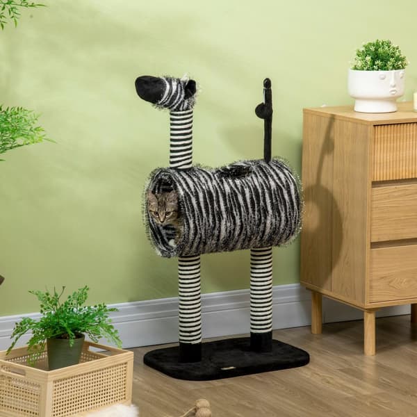 Skrapestolpe Cat Tree Zebra Design Klatretunnel Jute Stolpe Svart + Hvit 93Cm