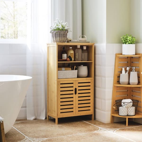 Bamboo Baderomsskap Underskap Med Lamelldører, Anti-Tip, Country Style, Multi-Purpose Cabinet