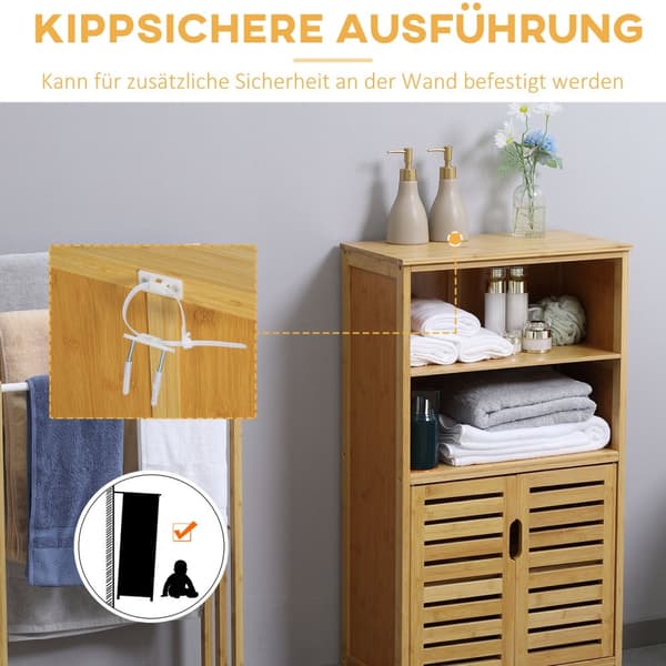 Bamboo Baderomsskap Underskap Med Lamelldører, Anti-Tip, Country Style, Multi-Purpose Cabinet