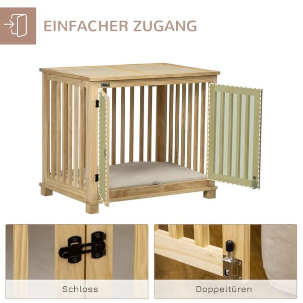 Hundebur, Dyrebur I Tre, Dyrebur For Mellomstore Hunder, Hundehus Med Pute, Hundeboks, Naturlig Tre + Kremhvit, 82,5 X 57 X 72 Cm