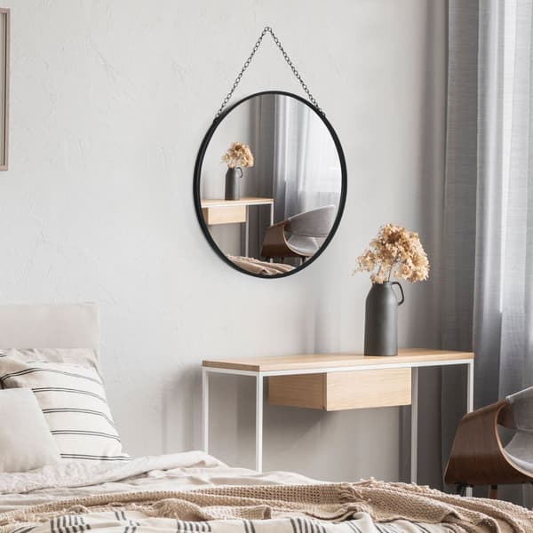Vægspejl Make-Up Spejl Rundt Spejl Ø 50 Cm Med Dekorativt Ophæng, Sort Metal & Glas