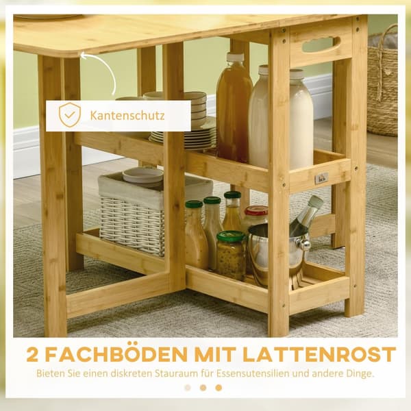 Spisebord Foldebord Spisestuebord Køkkenbord Med Opbevaringsrum Og Justerbare Fødder Landlig Stil Bambus Naturtræ 149,5 X 80 X 73,5 Cm