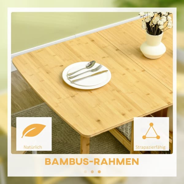 Spisebord Foldebord Spisestuebord Køkkenbord Med Opbevaringsrum Og Justerbare Fødder Landlig Stil Bambus Naturtræ 149,5 X 80 X 73,5 Cm