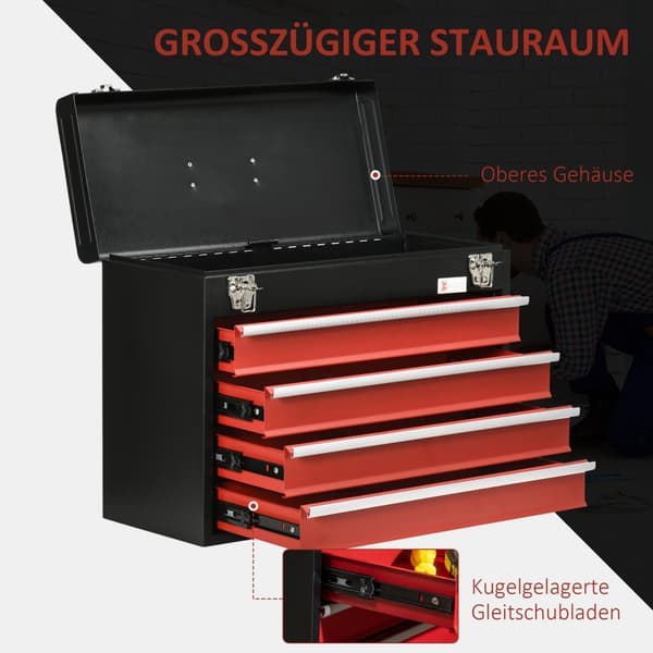 Værktøjskasse 4 Skuffer Lås Stål Sort+Rød 51X22X39,5Cm