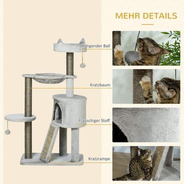 Kattekradsestolpe Med Kattehule & Sisal-Søjle, Legetræ Med Rampe, Kattelegetøj, Lysegrå, 113 Cm
