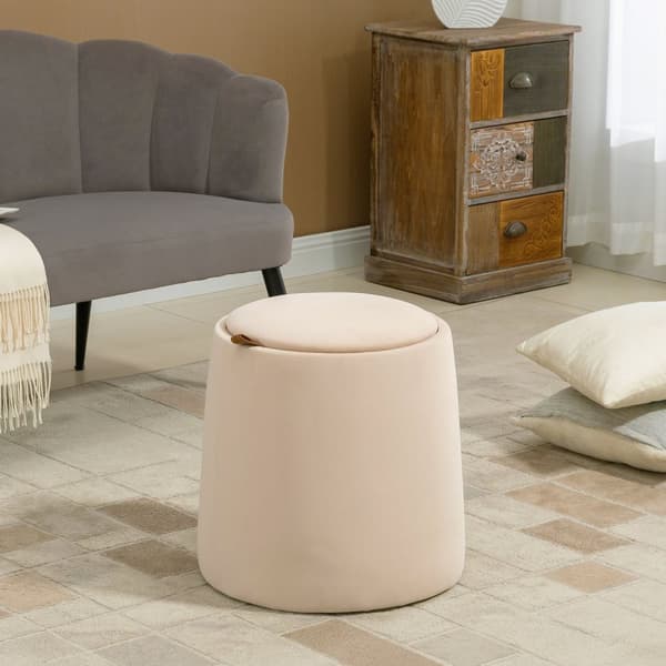 Ottomaanien Pyöreä Jakkara, Jossa Säilytystilaa Samettimainen, Beige, Irrotettava Kansi, Ø44Cmx47,5Cm, Sivupöytänä