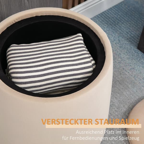 Ottomaanien Pyöreä Jakkara, Jossa Säilytystilaa Samettimainen, Beige, Irrotettava Kansi, Ø44Cmx47,5Cm, Sivupöytänä