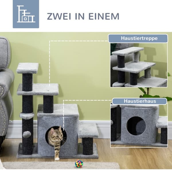 Pet Stairs 3/4-Stegs Katttrappa Med Sovgrotta & Hängande Play Ball Chipboard Plysch
