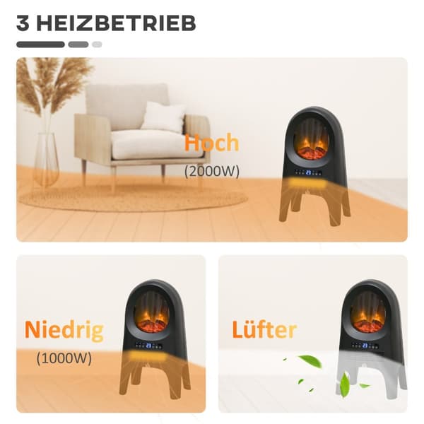 3 Moduser Keramisk Varmevifte Med Timer 2000 W Elektrisk Varmeovn Med Led-Flammer Og Overopphetings- Og Tippebeskyttelse Med Fjernkontroll 33,7X25,5 X