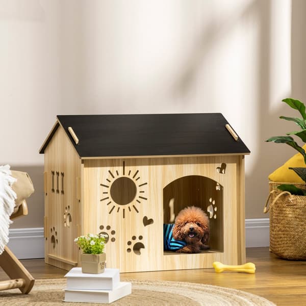 Trehundekennel Smådyrehus Med Ventilasjonsåpninger Hundehus Med Tak Hundehule Innendørs Mdf Eik + Svart 69 X 50 X 58,5 Cm