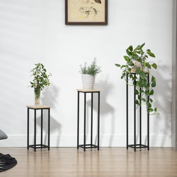 Plantestativsett 3-Delt Blomsterkrakk Og Blomsterpotteholder Laget Av Stål, Svart + Naturlig