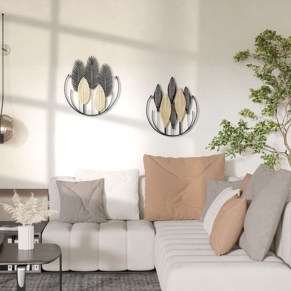 3D Metal Væg Billede Sæt Med 2 Blade Vægdekoration Modern Living Room Art Sort + Naturlig 40 X 46 Cm