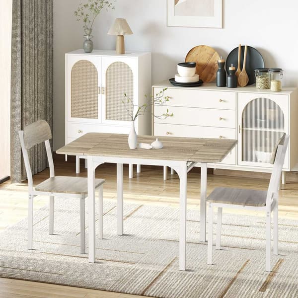 3-Delt Sittegruppe Spisegruppe Med 2 Stoler Og 1 Bord Spisebordsett Og Sammenleggbar Bordplate Stål Mdf Natur + Hvit 120 X 60 X 75 Cm
