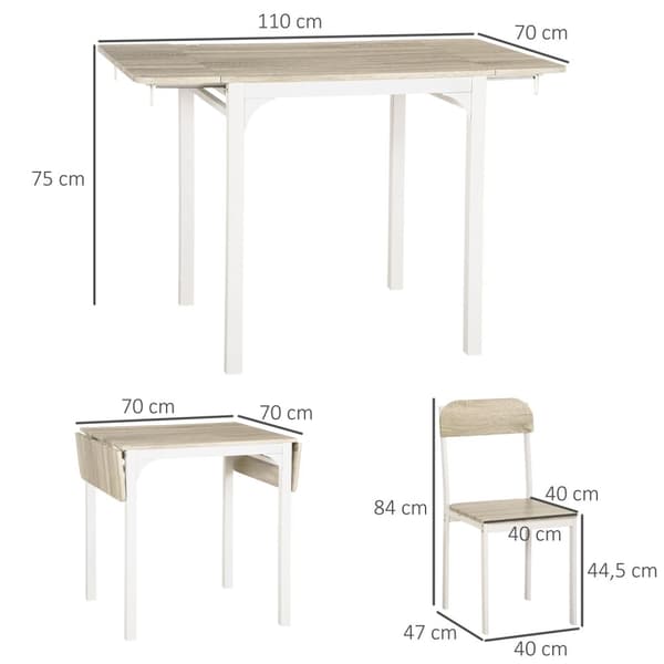 3-Delt Sittegruppe Spisegruppe Med 2 Stoler Og 1 Bord Spisebordsett Og Sammenleggbar Bordplate Stål Mdf Natur + Hvit 120 X 60 X 75 Cm