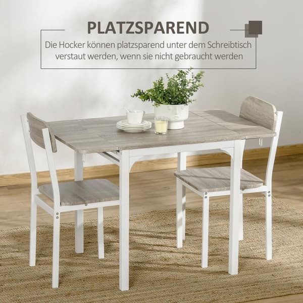 3-Delt Sittegruppe Spisegruppe Med 2 Stoler Og 1 Bord Spisebordsett Og Sammenleggbar Bordplate Stål Mdf Natur + Hvit 120 X 60 X 75 Cm