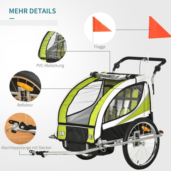 Børnetrailer Børneanhænger Cykeltrailer Til 2 Børn Med Regnslag Åndbar Grøn + Sort 155 X 88 X 108 Cm