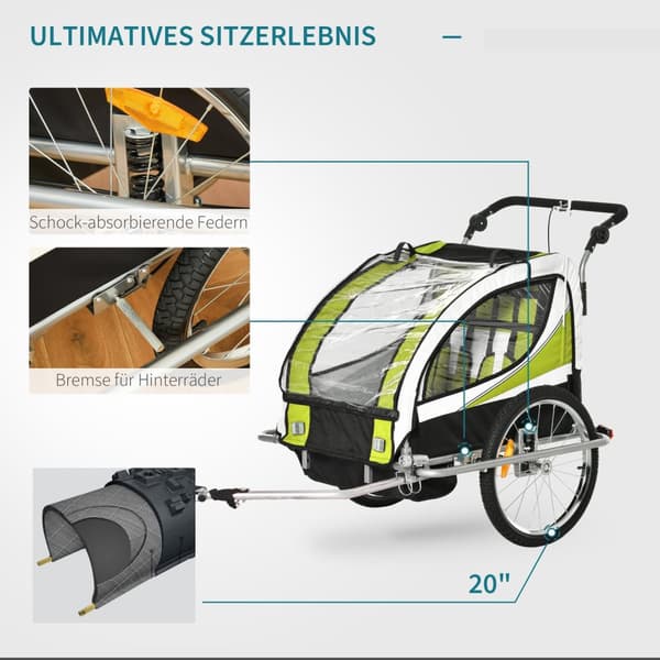 Børnetrailer Børneanhænger Cykeltrailer Til 2 Børn Med Regnslag Åndbar Grøn + Sort 155 X 88 X 108 Cm