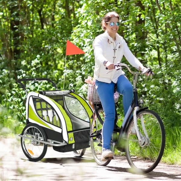 Børnetrailer Børneanhænger Cykeltrailer Til 2 Børn Med Regnslag Åndbar Grøn + Sort 155 X 88 X 108 Cm