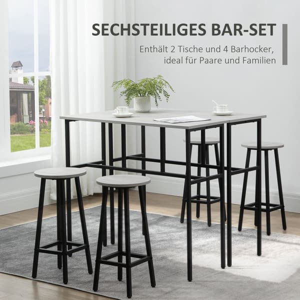 Spisegruppe 6-Delt Siddegruppe Med 2 Barborde Og 4 Stole, Industrielt Design, Barstolssæt, Spåntræ/Stål, Grå+Sort