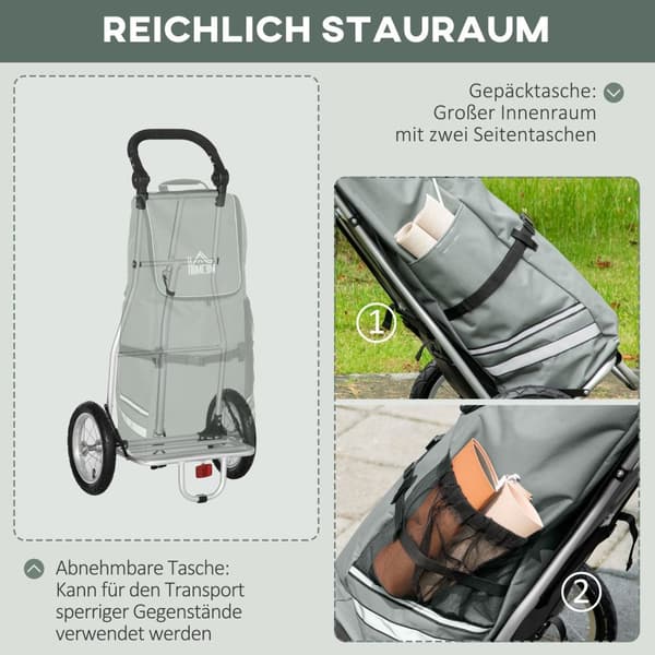 Lastehenger & Handlevogn 2 I 1 For Sykkelhengere, Med Koblingsklemmer, 24,3Kg, 55L, Aluminium+Oxford, Grå+Sølv, 53X43X110Cm