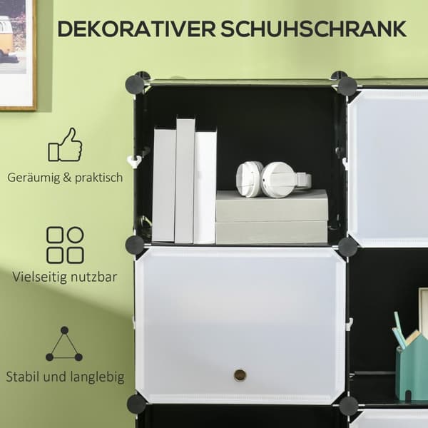 Skoskap Oppbevaringsboks Med 12 Kuber Diy Plug-In Hylle Med Dører Plast Stål Svart + Hvit 125 X 32 X 125 Cm