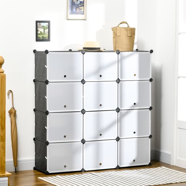 Skoskap Oppbevaringsboks Med 12 Kuber Diy Plug-In Hylle Med Dører Plast Stål Svart + Hvit 125 X 32 X 125 Cm