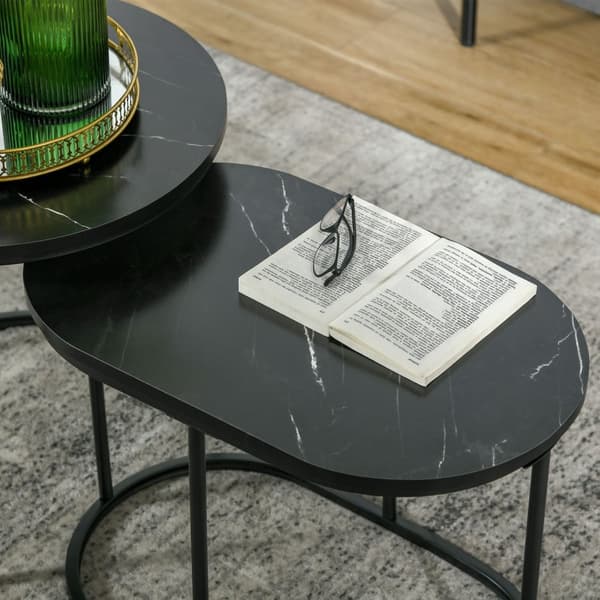 Sett Med 2 Salongbord Rundt Ovalt Bestillingsbord Salongbord Kan Stables Med Kunstmarmorside Opptil 30 Kg Mdf-Stål Svart Ø50 X 50,5H Cm