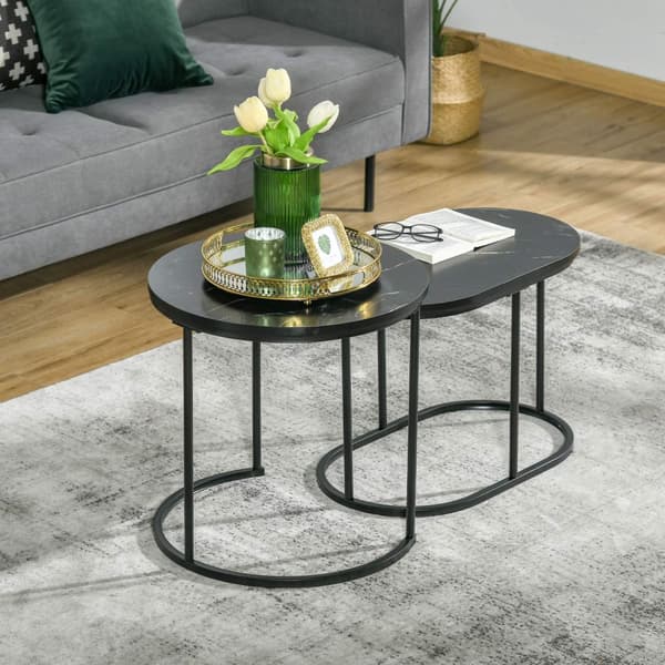 Sett Med 2 Salongbord Rundt Ovalt Bestillingsbord Salongbord Kan Stables Med Kunstmarmorside Opptil 30 Kg Mdf-Stål Svart Ø50 X 50,5H Cm