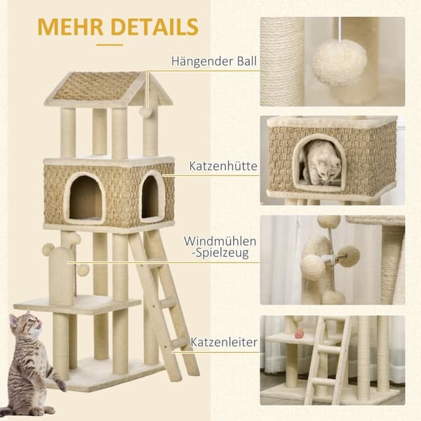 Kradsestolpe Stort Kattetræ 130 Cm, Med Kattehule & Legebolde, Jutestammer, Kaki + Beige, Spånplade Plys