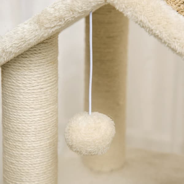 Kradsestolpe Stort Kattetræ 130 Cm, Med Kattehule & Legebolde, Jutestammer, Kaki + Beige, Spånplade Plys