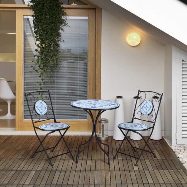 Ø 61 Cm Hage Sittegruppe For 2 Personer Bistrosett 1 Bord + 2 Sammenleggbare Stoler Stålblå