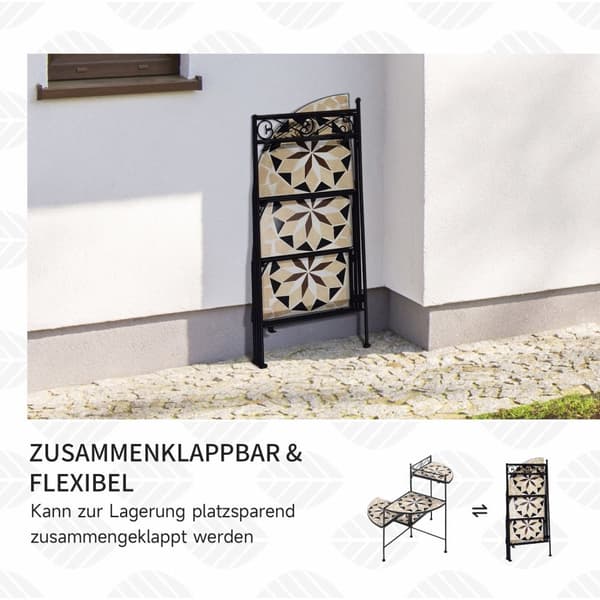 Flower Stand 4-Vaiheiset Taitettavat Kukkaportaat Puutarhaan Ja Parvekkeelle, Metallia, Keraamiset Laatat, Musta+Beige, 64X64X72Cm