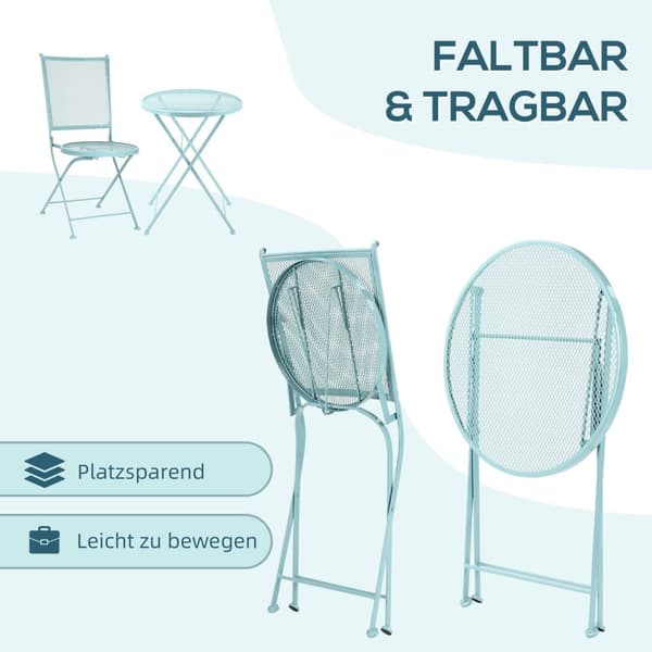 Hage Sittegruppe For 2 Personer Bistro Sett 1 Bord + 2 Sammenleggbare Stoler Til Terrasse Balkong Metall Blå
