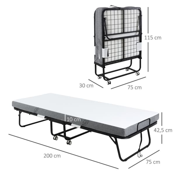 Gjesteseng Sammenleggbar Seng Med Hjul, Stål + Skum, Hvit + Svart, 200X75X42,5Cm