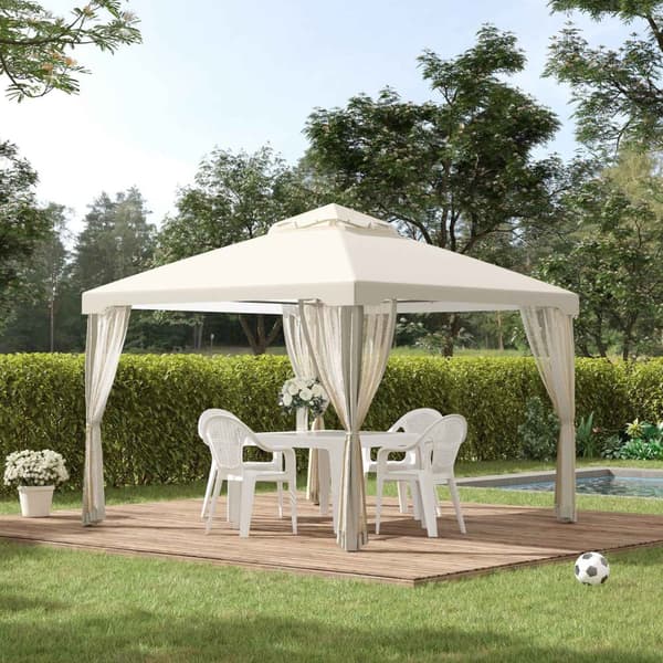 Garden Gazebo 3X3X2.6M Pavilion Garden Teltta 4 Sivuseinällä, Säänkestävä, Metalli + Polyesteri, Kermanvalkoinen