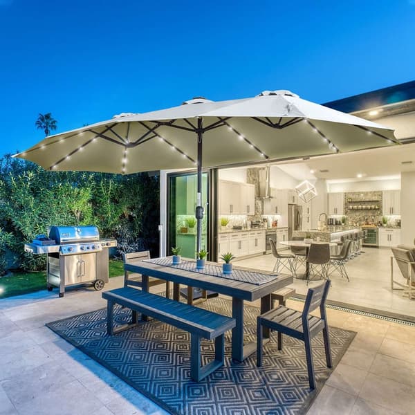 Aurinkovarjo Led-Aurinkoenergialla 4,5 M Double Aurinkovarjo Puutarha Sateenvarjo Market Sateenvarjo Patio Sateenvarjo Ovaali Vaaleanharmaa + Musta