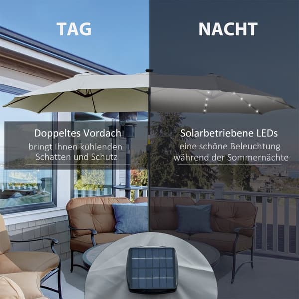 Aurinkovarjo Led-Aurinkoenergialla 4,5 M Double Aurinkovarjo Puutarha Sateenvarjo Market Sateenvarjo Patio Sateenvarjo Ovaali Vaaleanharmaa + Musta