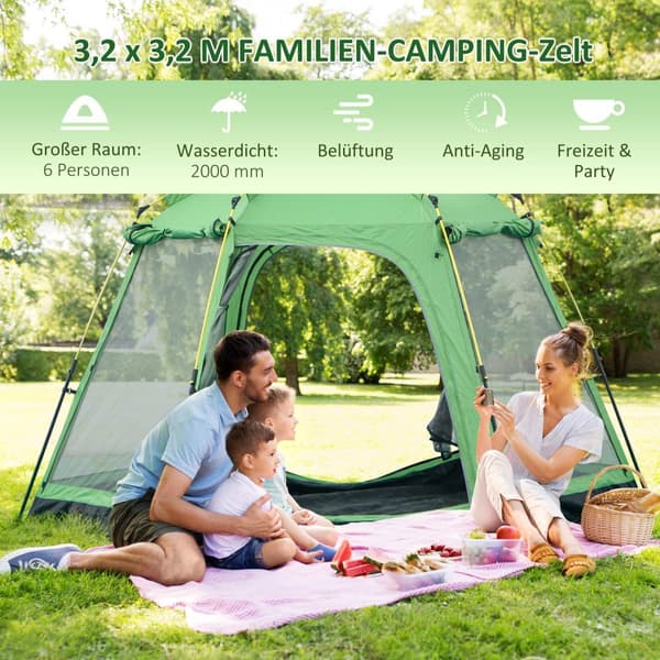 Campingtelt 6-Personers Familie Kuppeltelt, Pu2000Mm, Nem Montering, Stål & Glasfiber, Grøn, 320X320X180Cm