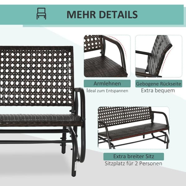 Polyrattan Huskebenk 2-Seters Utendørs Terrasse Hage Loveseat Hage Huske Med Ryggstøtte Benk Park Benk Brun 70 X 120 X 84 Cm