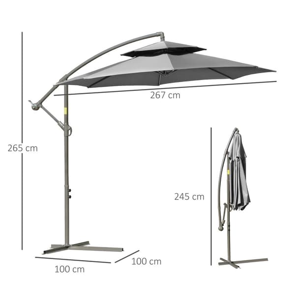 Parasoll Cantilever Paraply Ø2,67 X 2,45 M Krank Paraply Med Dobbelt Tak Kryssfot Stål Utendørs Solskjerming Polyester Stål Lys Grå