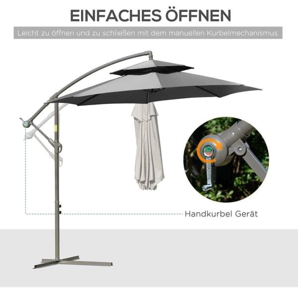 Parasoll Cantilever Paraply Ø2,67 X 2,45 M Krank Paraply Med Dobbelt Tak Kryssfot Stål Utendørs Solskjerming Polyester Stål Lys Grå