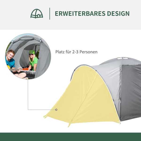 Campingtelt Til 2-3 Personer Kuppeltelt Med Dør, Netvindue, Transporttaske, Pu2000Mm, Grå